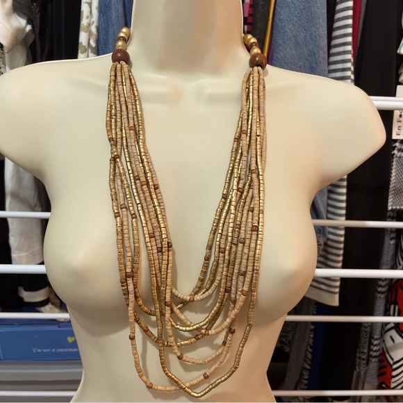 NECKLACE SAFARI MULTI-STRAND GOLD BROWN TAN BOHO WORLD BAZAAR TYPE BUSH … - Picture 1 of 5